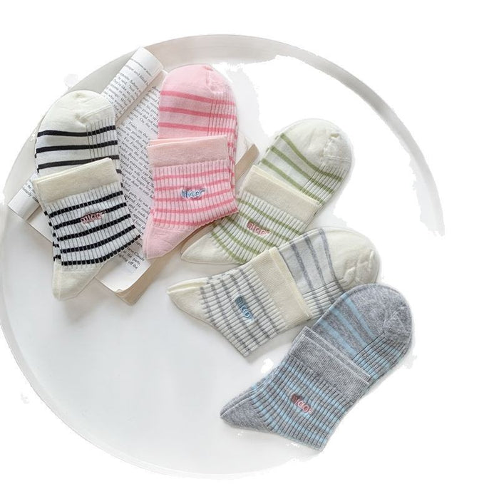 Wholesale Ultra transparent fine striped embroidered versatile mid length socks