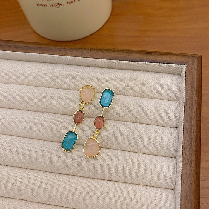 Wholesale Asymmetric colored gemstone earrings, silver needle contrasting earrings, niche design, high-end tassel earrings