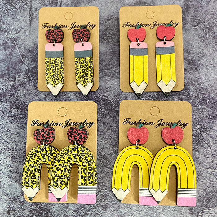 Wholesale Teacher Wood Earrings Leopard Pencil Apple ing Earrings