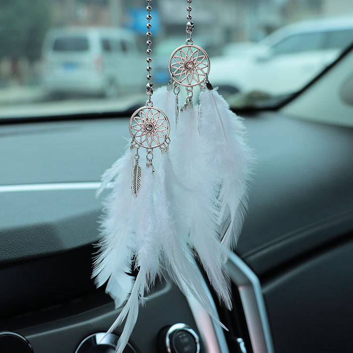 Wholesale Alloy White Feather Dream Catcher Car Hanging Decoration Rearview Mirror Pendant