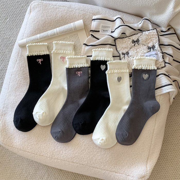 Wholesale New socks with children's embroidery, love heart, women's tube socks, versatile, college style, double-layer lace stacking socks