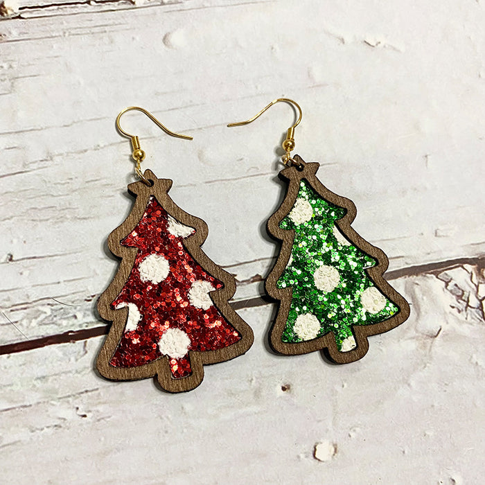 Wholesale Christmas flash leather wooden earrings wave point inlaid Christmas Tree Holiday earrings