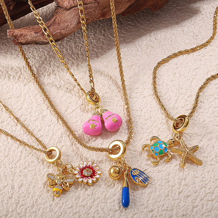 Wholesale Seaside holiday style turtle and starfish pendant necklace gold-plated diamond jewelry