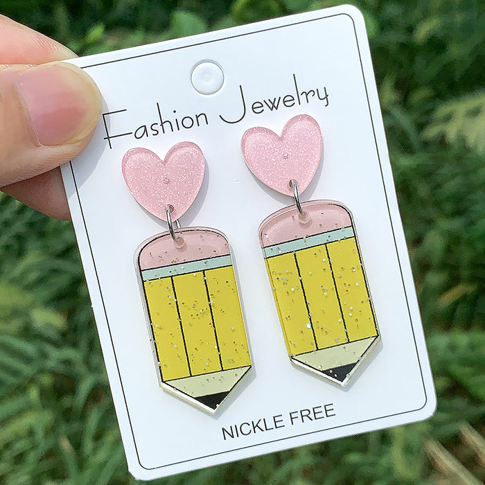 Wholesale Teacher' s Day Pencils,  Apples,  Books,  Cartoon Contrasting Letters Earrings,  Small Fresh Stylish