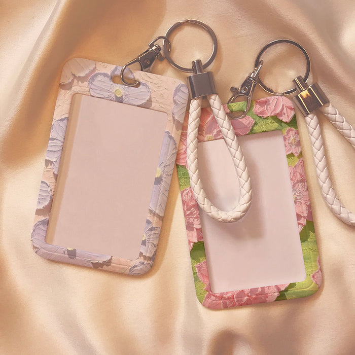 Wholesale Oil Painting Flower Card Holder with Lanyard Keychain