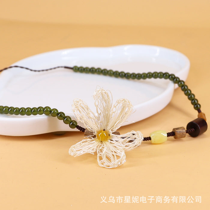 Wholesale Personalized Fashion Sweater Chain Women's Handmade Weaving Five Leaf Flower Pendant Wooden Hanging Chain Necklace Jewelry