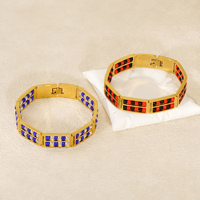 Wholesale Fashionable stainless steel double row bead bracelet, versatile and non fading natural stone bracelet