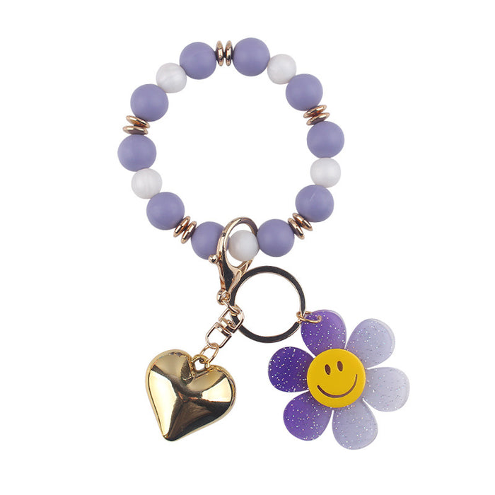 Wholesale Creative Silicone Beads Bracelet Keychain Cartoon Acrylic Smiley Sunflower Pendant Bracelet Key Ring Jewelry