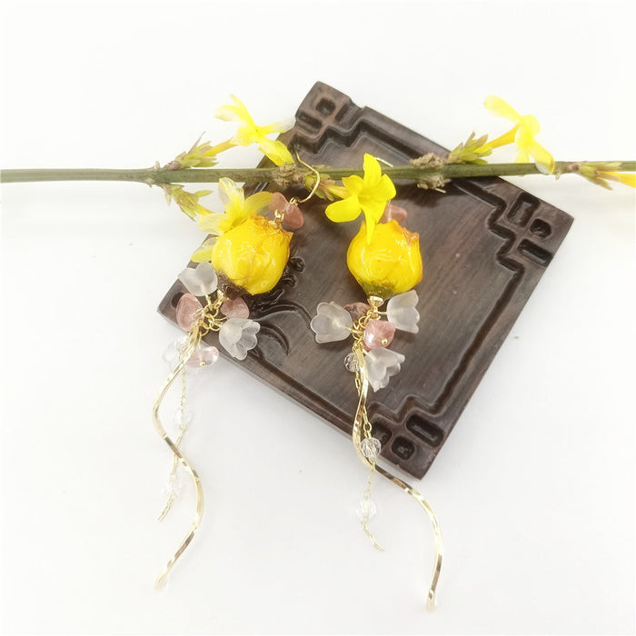Wholesale New Eternal Flower Rose Earrings Vintage Super Fairy Long Versatile True Flower Earrings Eardrops Earclips