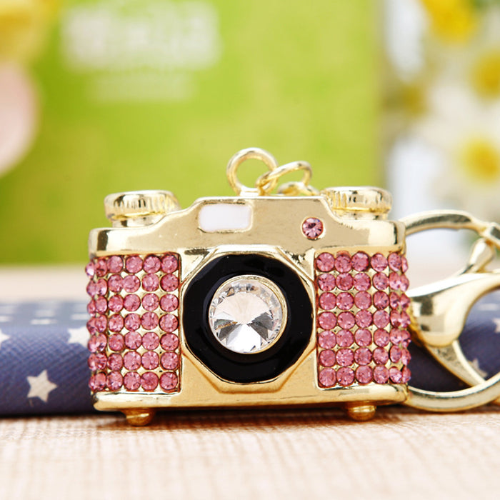 Wholesale Crystal rhinestone camera car keychain cute creative pendant keychain ring