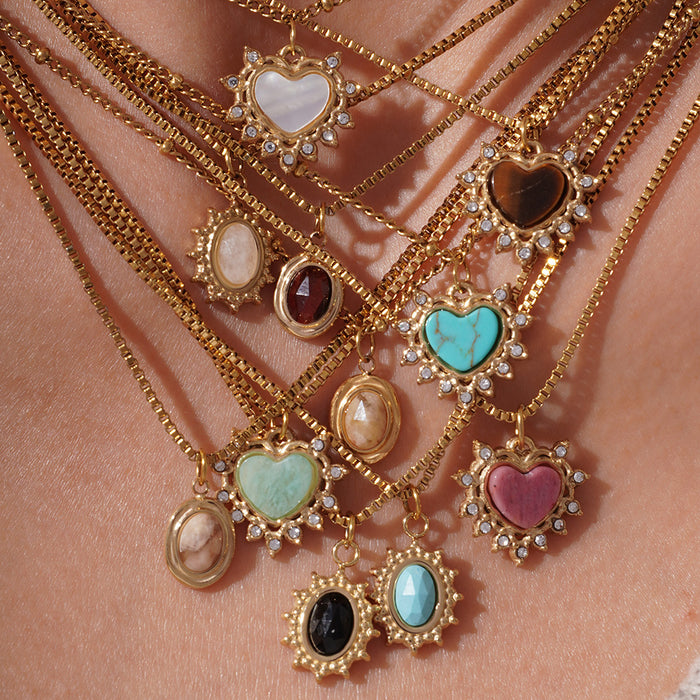 Wholesale Simple natural stone heart necklace versatile and high-end stainless steel necklace paired with blue pine tiger eye stone