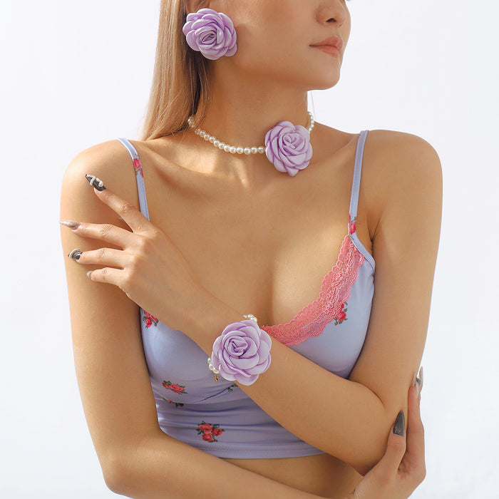 Wholesale Camellia Flower Pearl Necklace Colorful Rose Earrings Bracelet JDC-NE-QianDi020