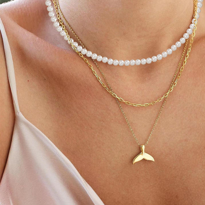 Wholesale Luxury Pearl Multi layer Stacked Necklace Versatile High end Fishtail Chain Pendant