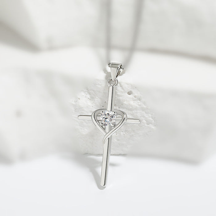 Wholesale heart-shaped stone clavicle chain  retro cold wind faith cross necklace