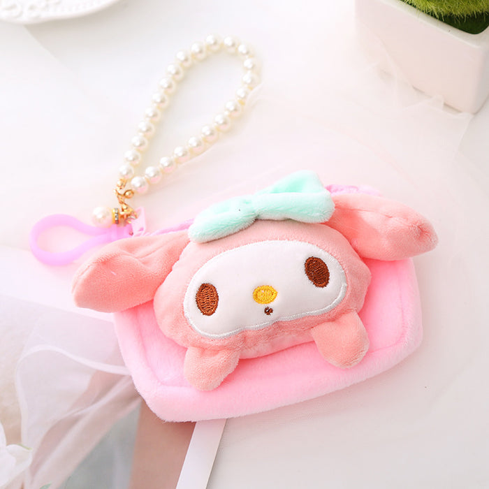 Wholesale Cute Sanrio Plush Coin Purse Female Creative Cartoon Coin Bag ID Bag Pearl Lanyard Gift JDC-WT-XG003