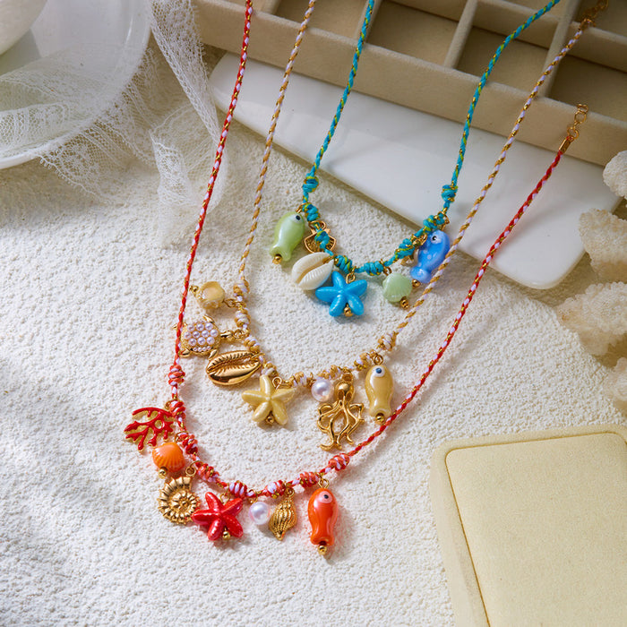Wholesale Ocean Layered Multi-Color Ceramic Bead Necklace with Seashell and Starfish Charm