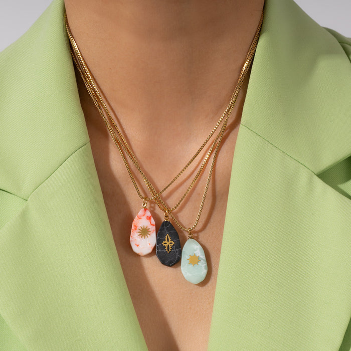 Wholesale Fashionable retro stainless steel necklace with natural stone pendant, light luxury temperament necklace earring set