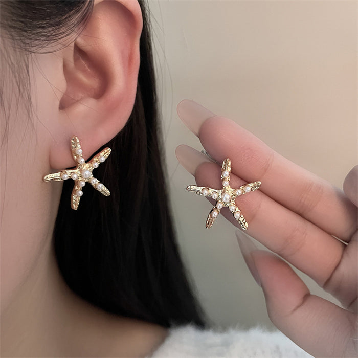 Wholesale Ocean Style Imitation Pearl Starfish Earrings Women's Gravel Asymmetrical Shell