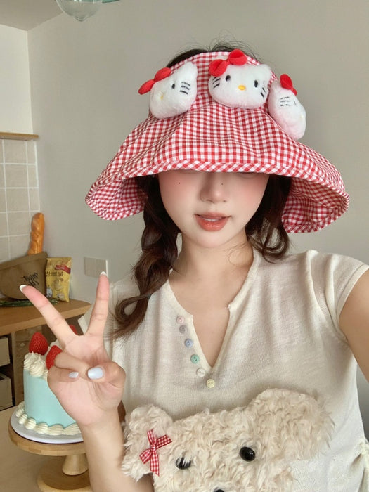 Wholesale Leisure red checkered basin hat with large brim for sun protection, cute cartoon fisherman hat