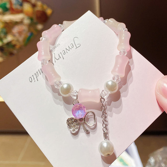 Wholesale Hand Beaded Powder Pink Bamboo Four Leaf Clover Bracelet MOQ≥2