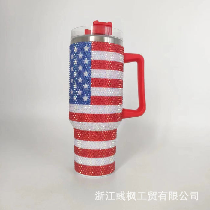 Wholesale Rhinestone Flag Bow Design 40oz Stainless Steel Insulated Car Cup with Handle MOQ≥2