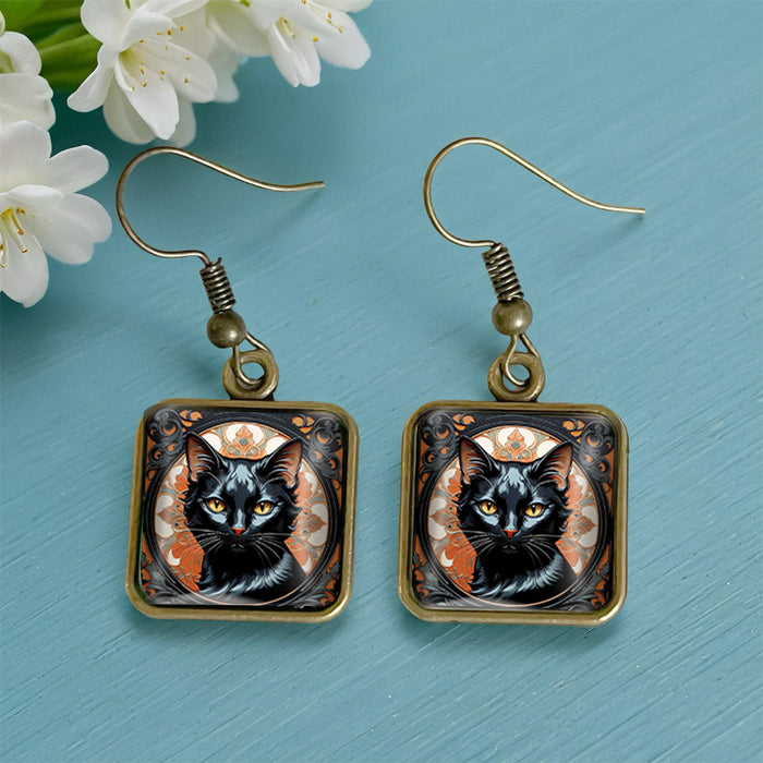 Wholesale  Black Cat Pumpkin Autumn Vintage Copper Square Time Gem Crystal Glass Earrings