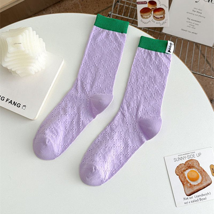 Wholesale Color blocked socks with hollowed out mesh and breathable lettering fabric label, colored midsole socks