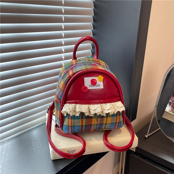 Wholesale Red plaid contrasting color lace trim large capacity backpack bags
