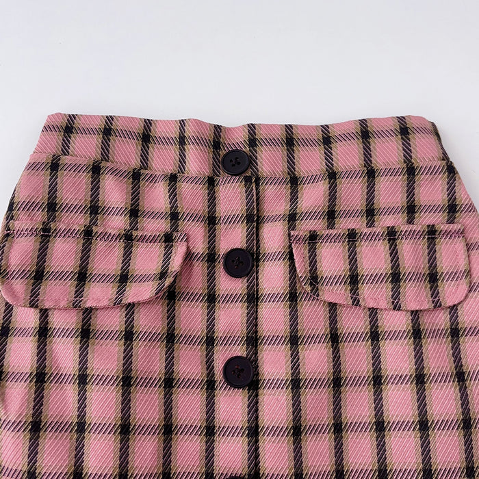 Wholesale Puff Sleeve Top Pink Plaid Short Skirt Children's Set JDC-CTS-DuoEr008