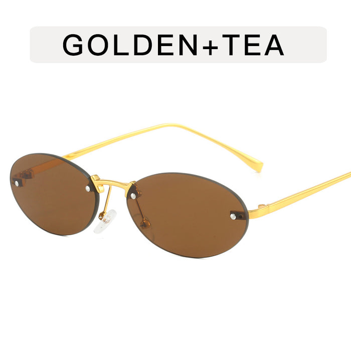 Wholesale Frameless metal oval sunglasses, fashionable and personalized small frame sunglasses