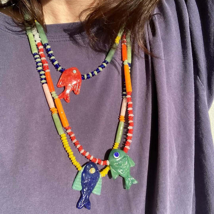 Wholesale Summer Ocean Fish Design Glass Pendant Necklace Electroplated Trendy Collarbone Chain