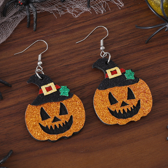 Wholesale New  Goggy Pumpkin Sequins Pendant Earrings PU Leather Gothic Double Sided Earrings
