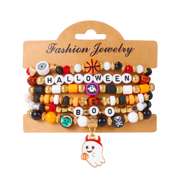 Wholesale All-match mixed color rice bead hand-dressed  pumpkin ghost bat soft ceramic crystal bracelet stacking set