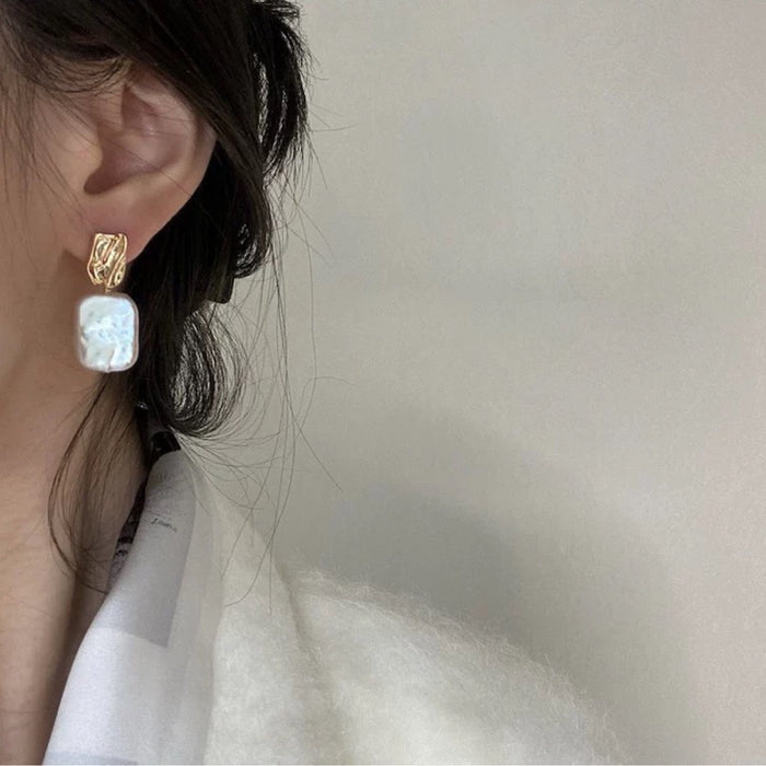 Wholesale Earrings Natural Freshwater Pearl Square Earrings s925 Silver Needle Simple Earrings