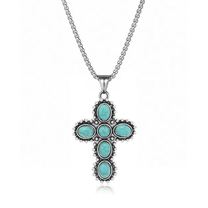 Wholesale Retro Western style natural turquoise necklace,  retro versatile titanium steel chain,  ethnic accessories