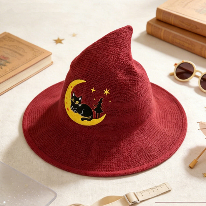 Wholesale Trendy Children' s Witch Hat Knitted Cotton Large Brim Sun Protection Wine Red