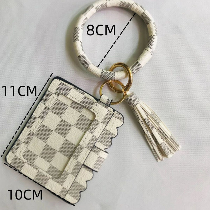 Wholesale Off-white Brown Plaid PU Leather Card Holder Wrist Keychain JDC-KC-HTong002