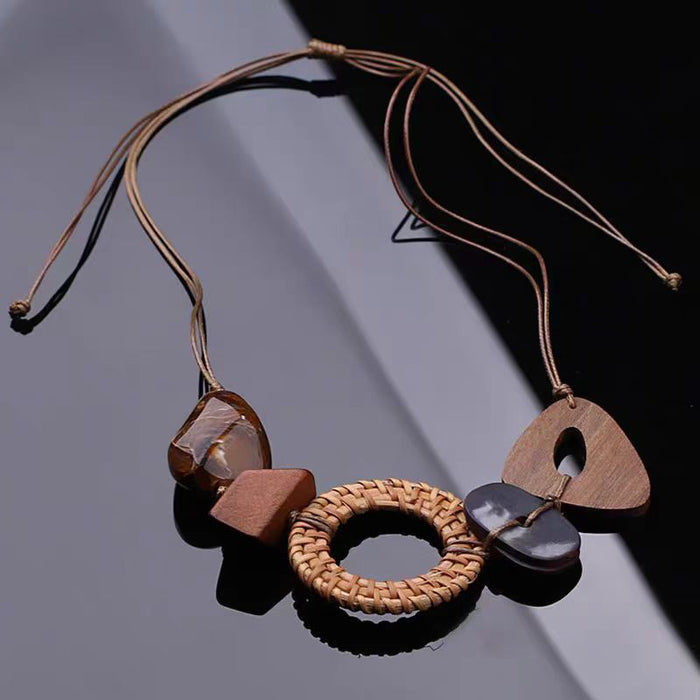 Wholesale New Geometric Wooden Handmade Necklace Light Luxury Vine Knitted Sweater Chain