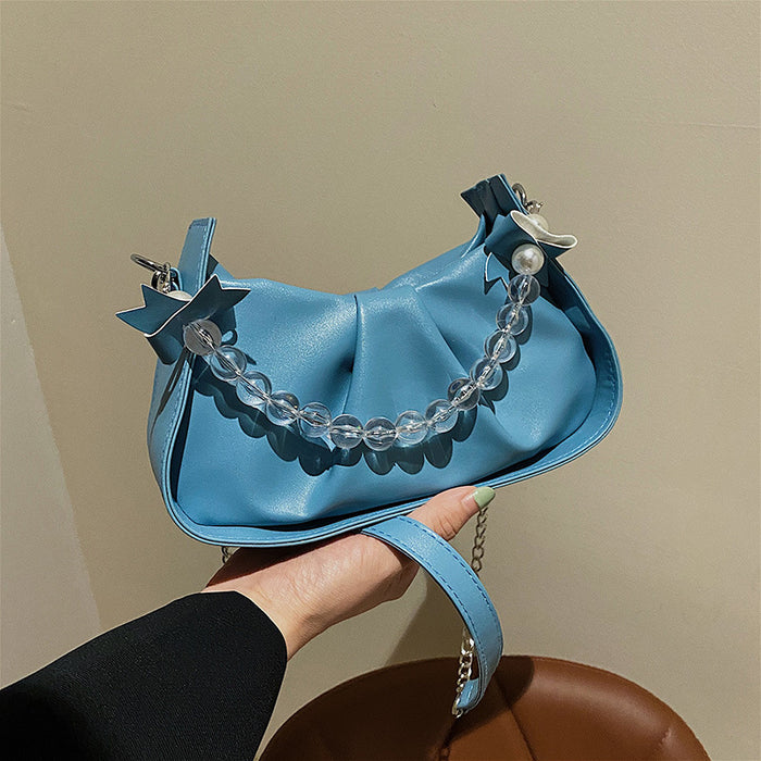 Wholesale Popular pleated new fashion pearl chain shoulder crossbody bag, saddle bag