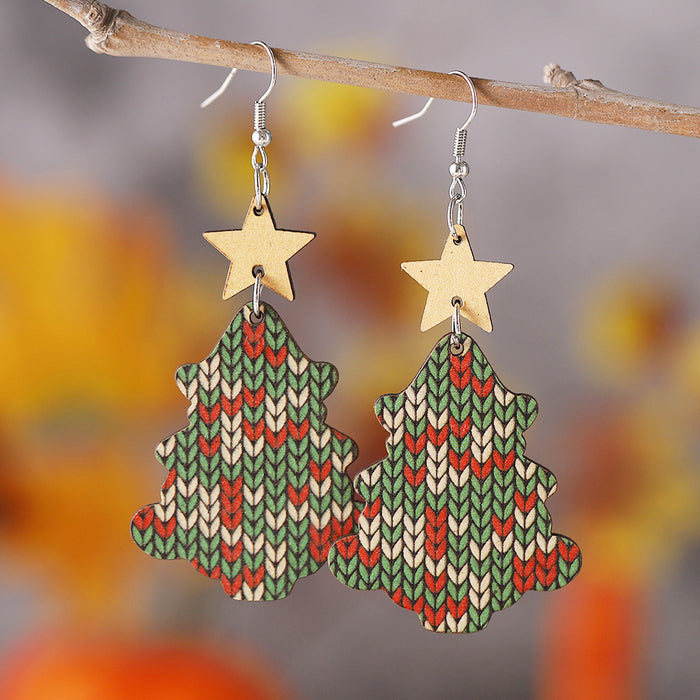 Wholesale Christmas Tree Sweater Knitted Pendant Wooden Double-Sided Earrings