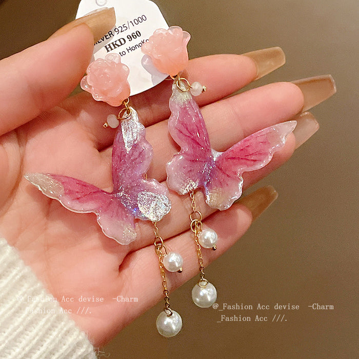 Wholesale Silver Needle Flower Butterfly Pearl Tassel Earrings JDC-ES-HuiHe012