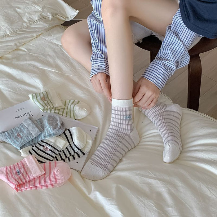 Wholesale Ultra transparent fine striped embroidered versatile mid length socks