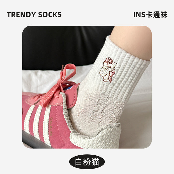 Wholesale Socks with cartoon striped embroidery, mid tube cotton socks, versatile socks