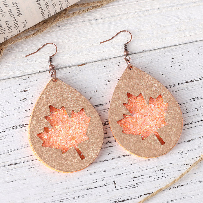 Wholesale Autumn Thanksgiving Maple Leaf Pumpkin Multi-layer PU Pendant Earrings