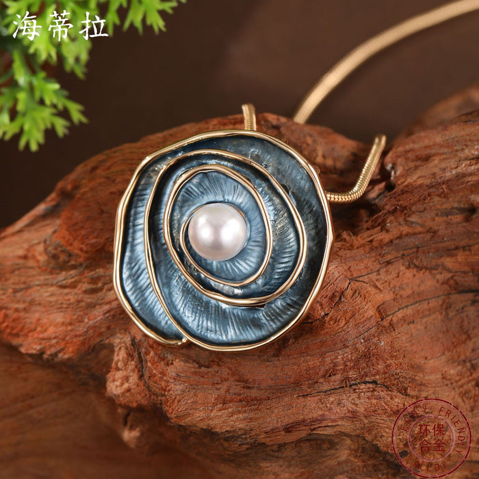 Wholesale Enamel Pearl Inlaid Rose Pendant,  High-End Versatile Rose Necklace