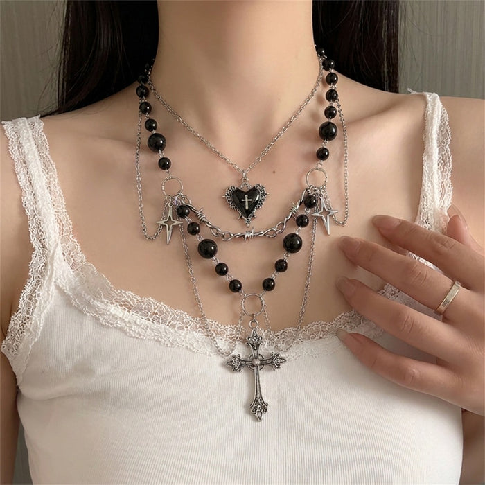 Wholesale Alloy Gothic Layered Necklace Set Cross and Heart Design