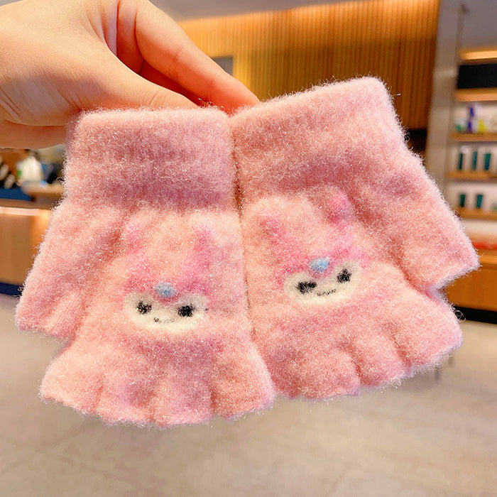 Wholesale Children' s Gloves Autumn and Winter Warm Cute Cartoon  Girls'  Half-Finger Flip Cover Baby Thickened Warm Five-Finger Set