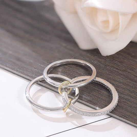 Wholesale Real gold electroplated smooth sparkling diamond three piece ring set, copper decoration simple ring