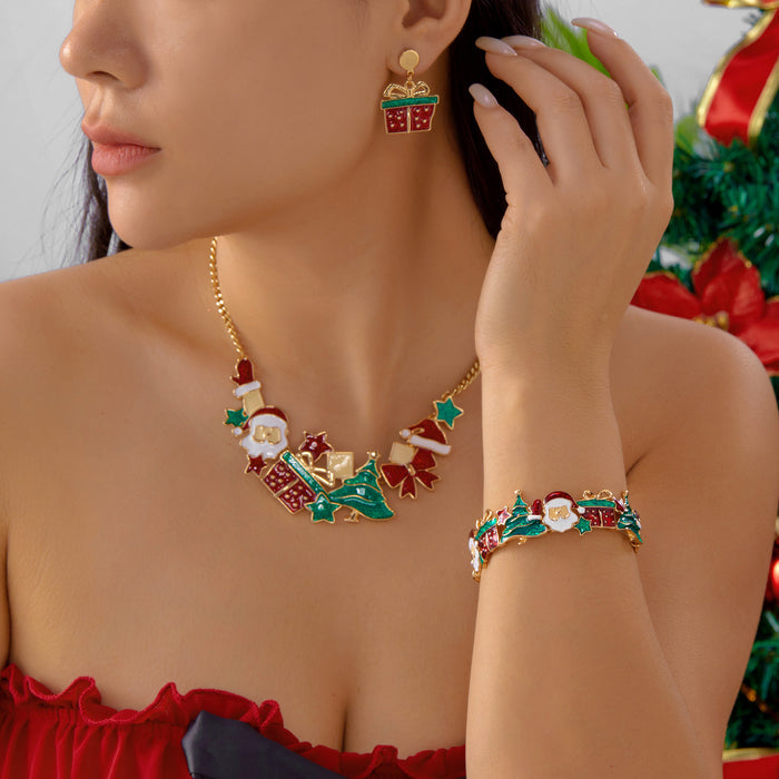 Wholesale Christmas necklace set alloy oil drop fashion earrings bracelet jewelry three-piece set