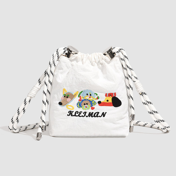 Wholesale Embroidered cartoon niche bucket bag, new versatile nylon cloth shoulder crossbody bag, mobile phone bag